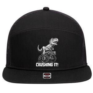 Funny Crushing It T Rex Dinosaur In Monster Truck 7 Panel Mesh Trucker Snapback Hat