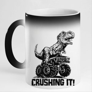 Funny Crushing It T Rex Dinosaur In Monster Truck 11oz Black Color Changing Mug