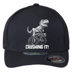 Funny Crushing It T Rex Dinosaur In Monster Truck Flexfit Unipanel Trucker Cap