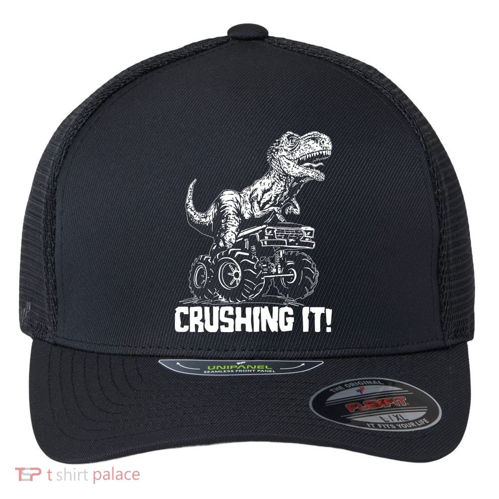 Funny Crushing It T Rex Dinosaur In Monster Truck Flexfit Unipanel Trucker Cap
