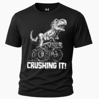 Funny Crushing It T Rex Dinosaur In Monster Truck Cooling Performance Crew T-Shirt