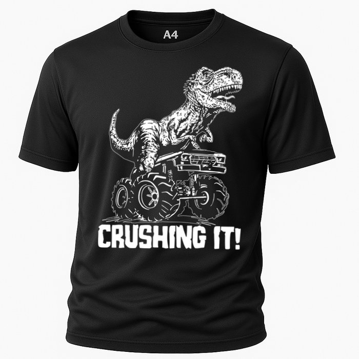 Funny Crushing It T Rex Dinosaur In Monster Truck Cooling Performance Crew T-Shirt