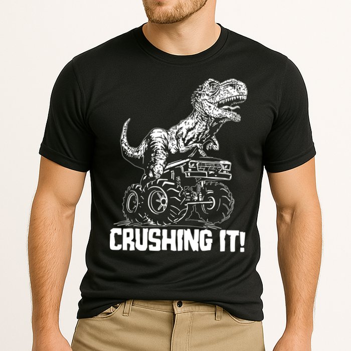 Funny Crushing It T Rex Dinosaur In Monster Truck Cooling Performance Crew T-Shirt