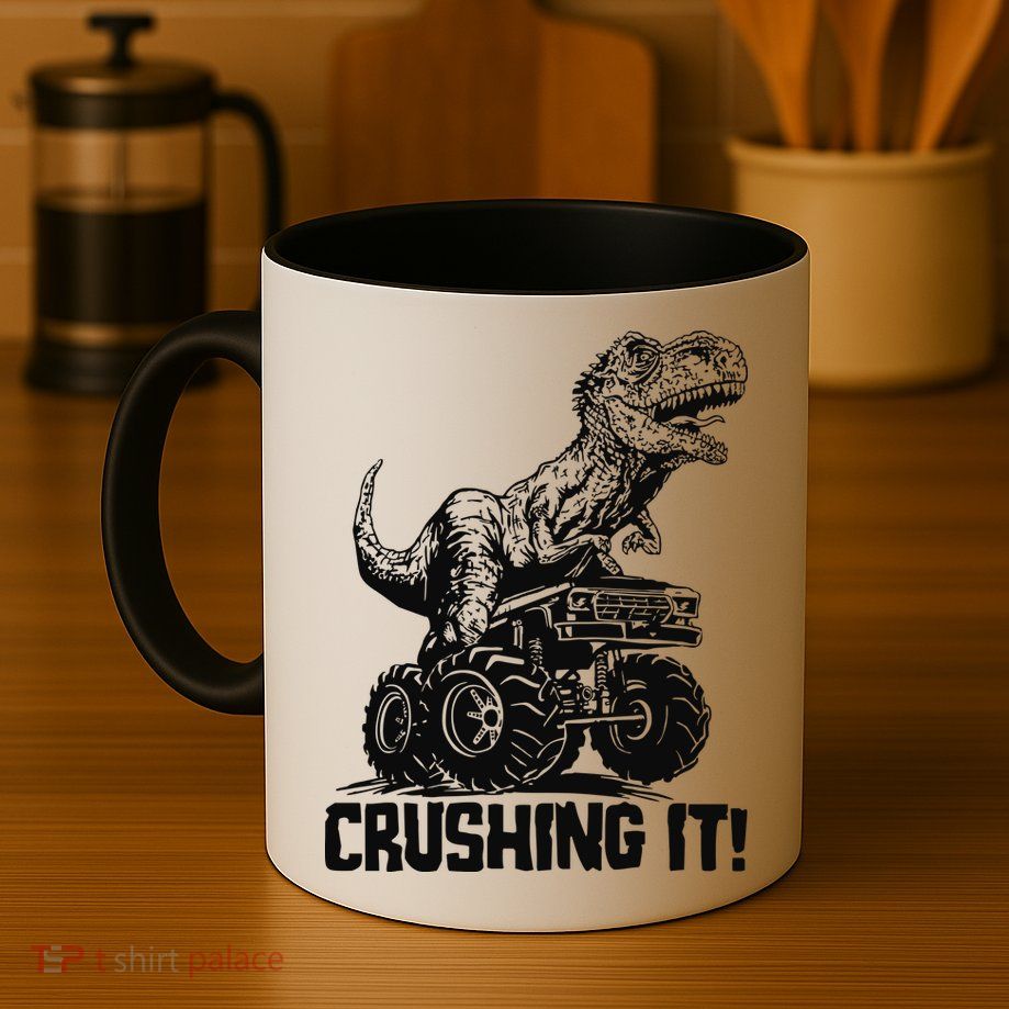 Funny Crushing It T Rex Dinosaur In Monster Truck Mug