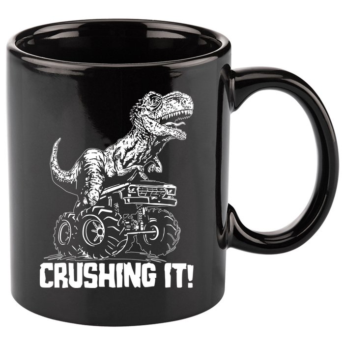 Funny Crushing It T Rex Dinosaur In Monster Truck 11oz C Handle Ceramic Mug