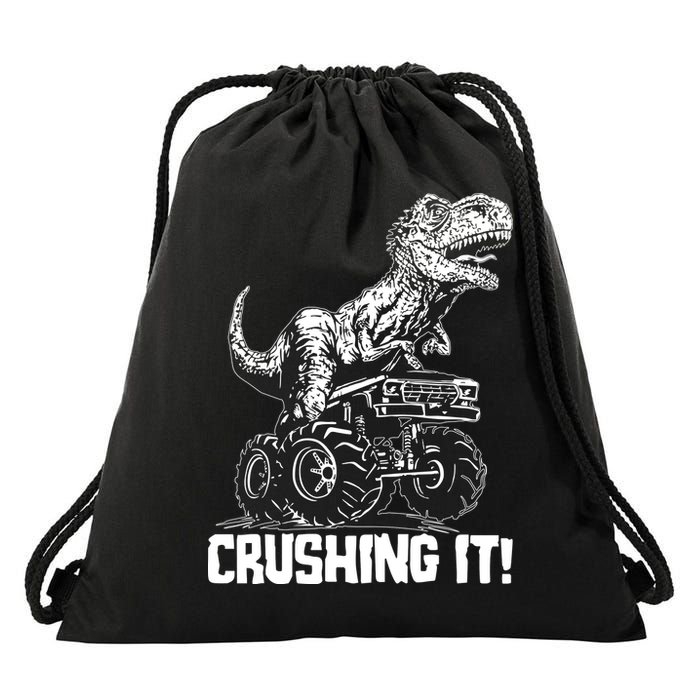Funny Crushing It T Rex Dinosaur In Monster Truck Drawstring Bag