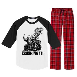 Funny Crushing It T Rex Dinosaur In Monster Truck Raglan Sleeve Pajama Set