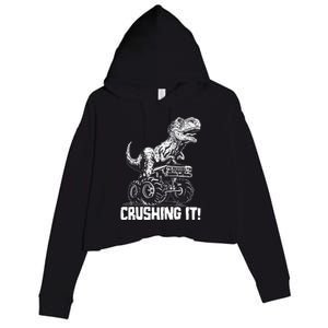 Funny Crushing It T Rex Dinosaur In Monster Truck Crop Fleece Hoodie