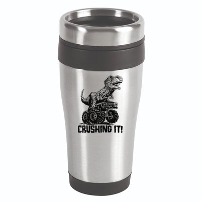 Funny Crushing It T Rex Dinosaur In Monster Truck 16oz Travel Tumbler