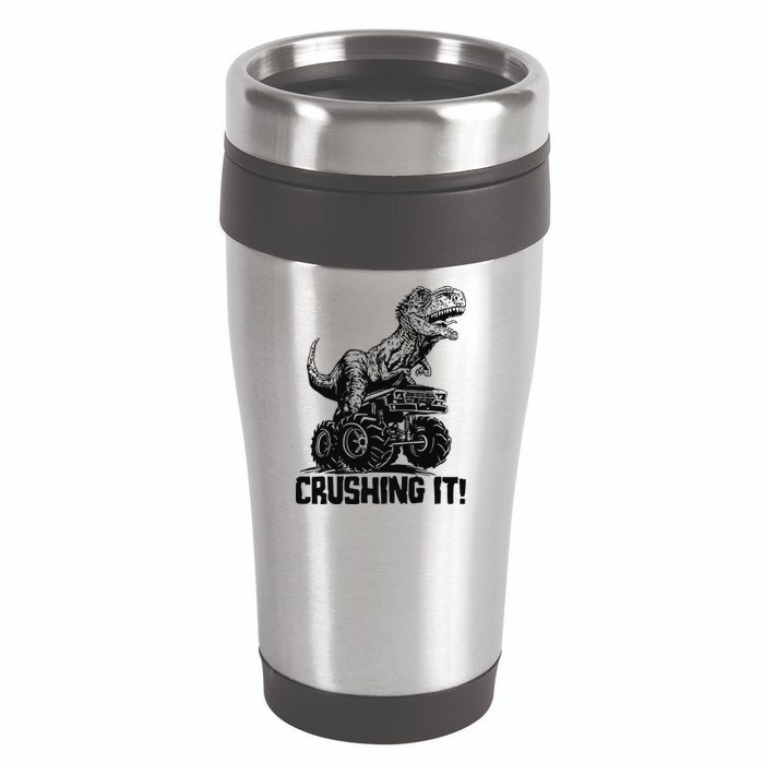 Funny Crushing It T Rex Dinosaur In Monster Truck 16oz Travel Tumbler