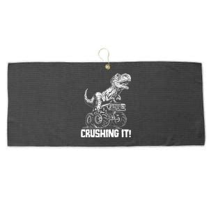 Funny Crushing It T Rex Dinosaur In Monster Truck Large Microfiber Waffle Golf Towel