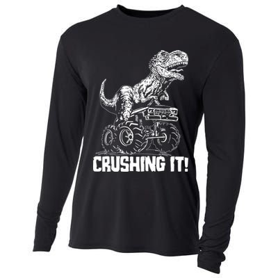 Funny Crushing It T Rex Dinosaur In Monster Truck Cooling Performance Long Sleeve Crew
