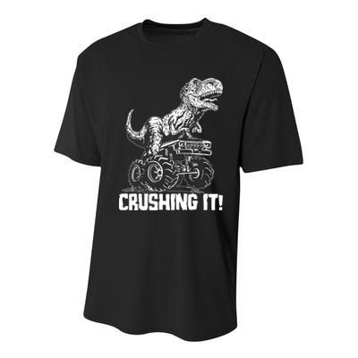 Funny Crushing It T Rex Dinosaur In Monster Truck Youth Performance Sprint T-Shirt