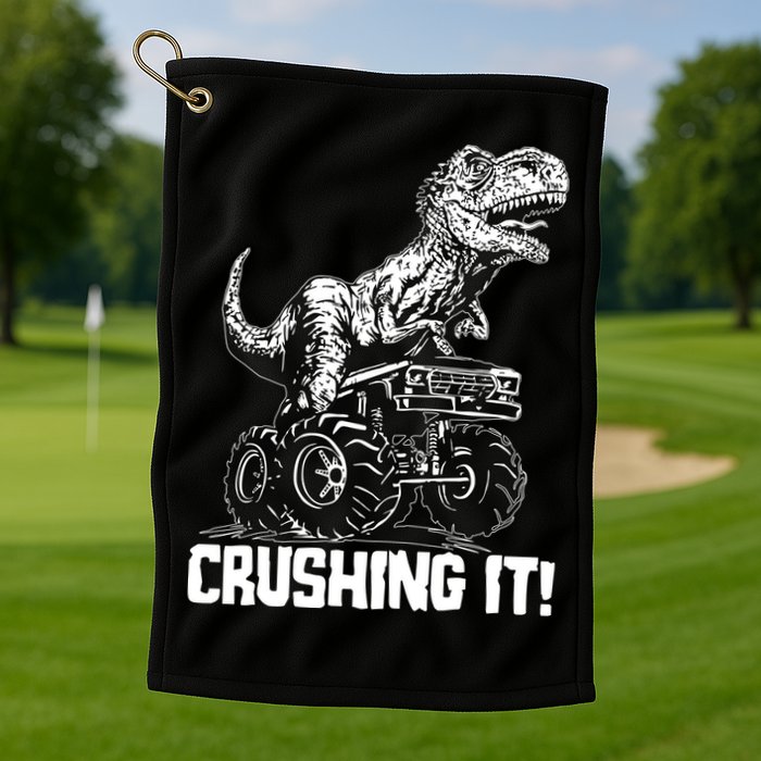 Funny Crushing It T Rex Dinosaur In Monster Truck Golf Towel