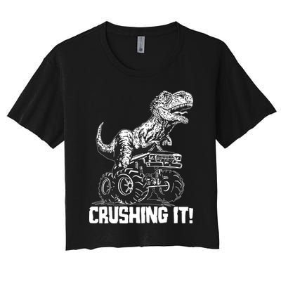 Funny Crushing It T Rex Dinosaur In Monster Truck Crop Top