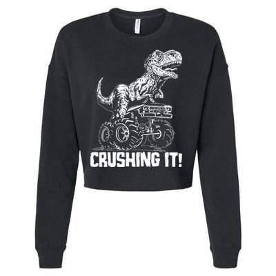 Funny Crushing It T Rex Dinosaur In Monster Truck Cropped Pullover Crew