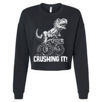 Funny Crushing It T Rex Dinosaur In Monster Truck Cropped Pullover Crew