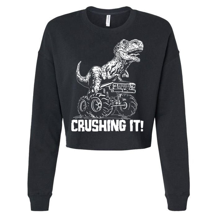 Funny Crushing It T Rex Dinosaur In Monster Truck Cropped Pullover Crew