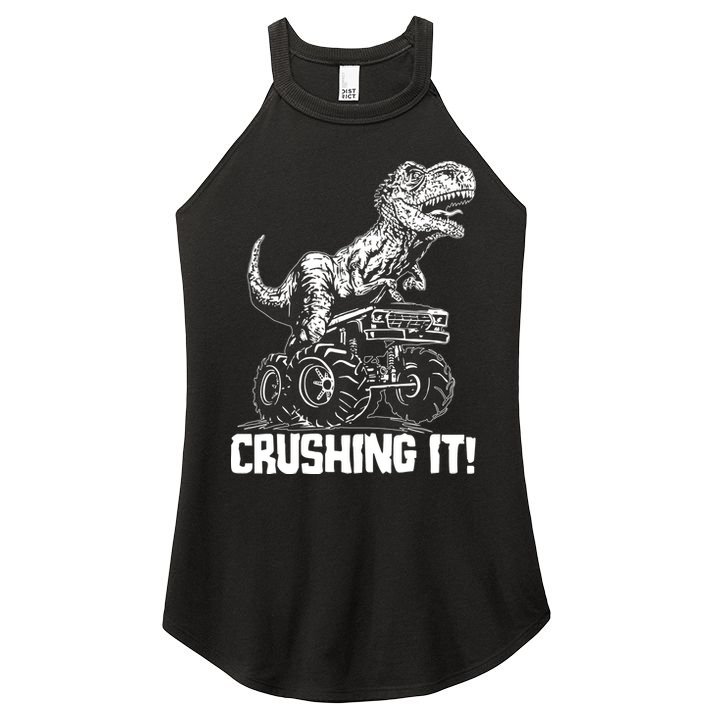 Funny Crushing It T Rex Dinosaur In Monster Truck Women's Perfect Tri Rocker Tank