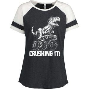 Funny Crushing It T Rex Dinosaur In Monster Truck Enza Ladies Jersey Colorblock Tee