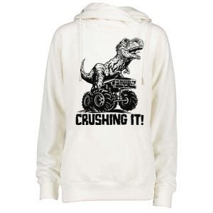 Funny Crushing It T Rex Dinosaur In Monster Truck Womens Funnel Neck Pullover Hood