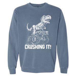 Funny Crushing It T Rex Dinosaur In Monster Truck Garment-Dyed Sweatshirt