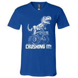 Funny Crushing It T Rex Dinosaur In Monster Truck V-Neck T-Shirt