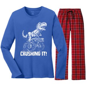 Funny Crushing It T Rex Dinosaur In Monster Truck Women's Long Sleeve Flannel Pajama Set 