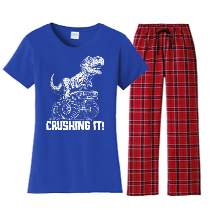 Funny Crushing It T Rex Dinosaur In Monster Truck Women's Flannel Pajama Set