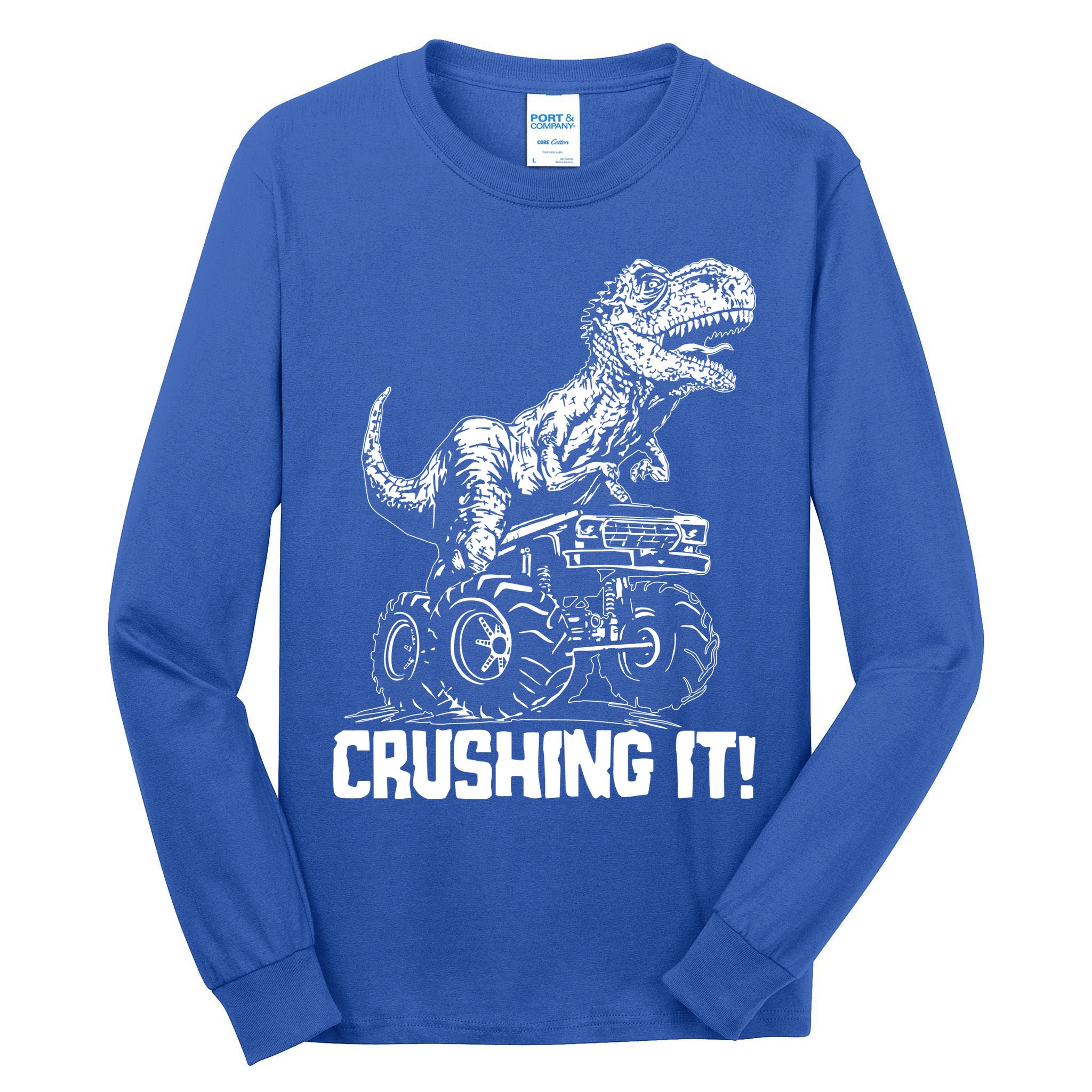 Funny Crushing It T Rex Dinosaur In Monster Truck Tall Long Sleeve T-Shirt