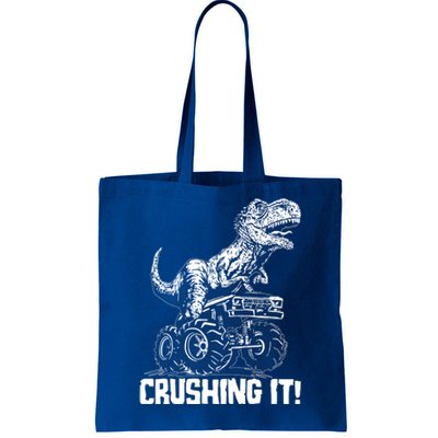 Funny Crushing It T Rex Dinosaur In Monster Truck Tote Bag