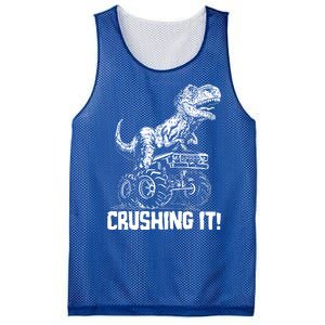 Funny Crushing It T Rex Dinosaur In Monster Truck Mesh Reversible Basketball Jersey Tank