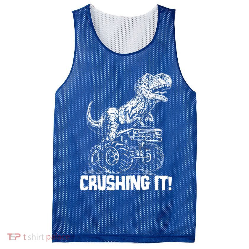 Funny Crushing It T Rex Dinosaur In Monster Truck Mesh Reversible Basketball Jersey Tank