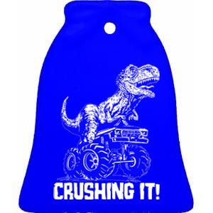 Funny Crushing It T Rex Dinosaur In Monster Truck Ceramic Bell Ornament