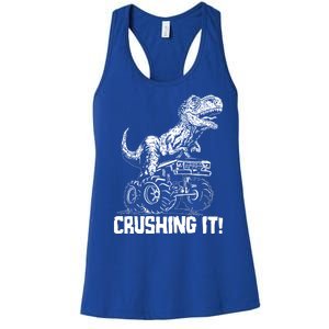 Funny Crushing It T Rex Dinosaur In Monster Truck Women's Racerback Tank