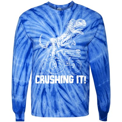 Funny Crushing It T Rex Dinosaur In Monster Truck Tie-Dye Long Sleeve Shirt