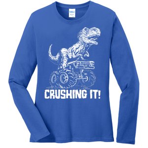 Funny Crushing It T Rex Dinosaur In Monster Truck Ladies Long Sleeve Shirt