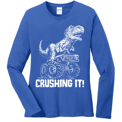 Funny Crushing It T Rex Dinosaur In Monster Truck Ladies Long Sleeve Shirt