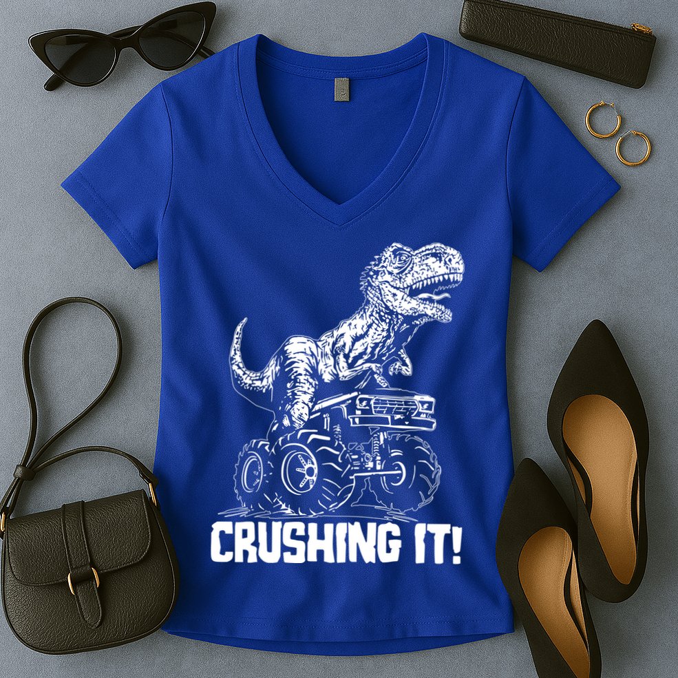 Funny Crushing It T Rex Dinosaur In Monster Truck Women's V-Neck T-Shirt