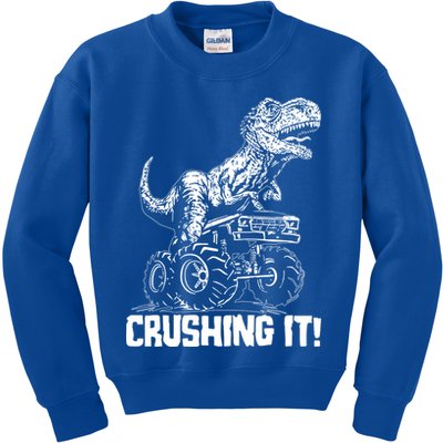 Funny Crushing It T Rex Dinosaur In Monster Truck Kids Sweatshirt