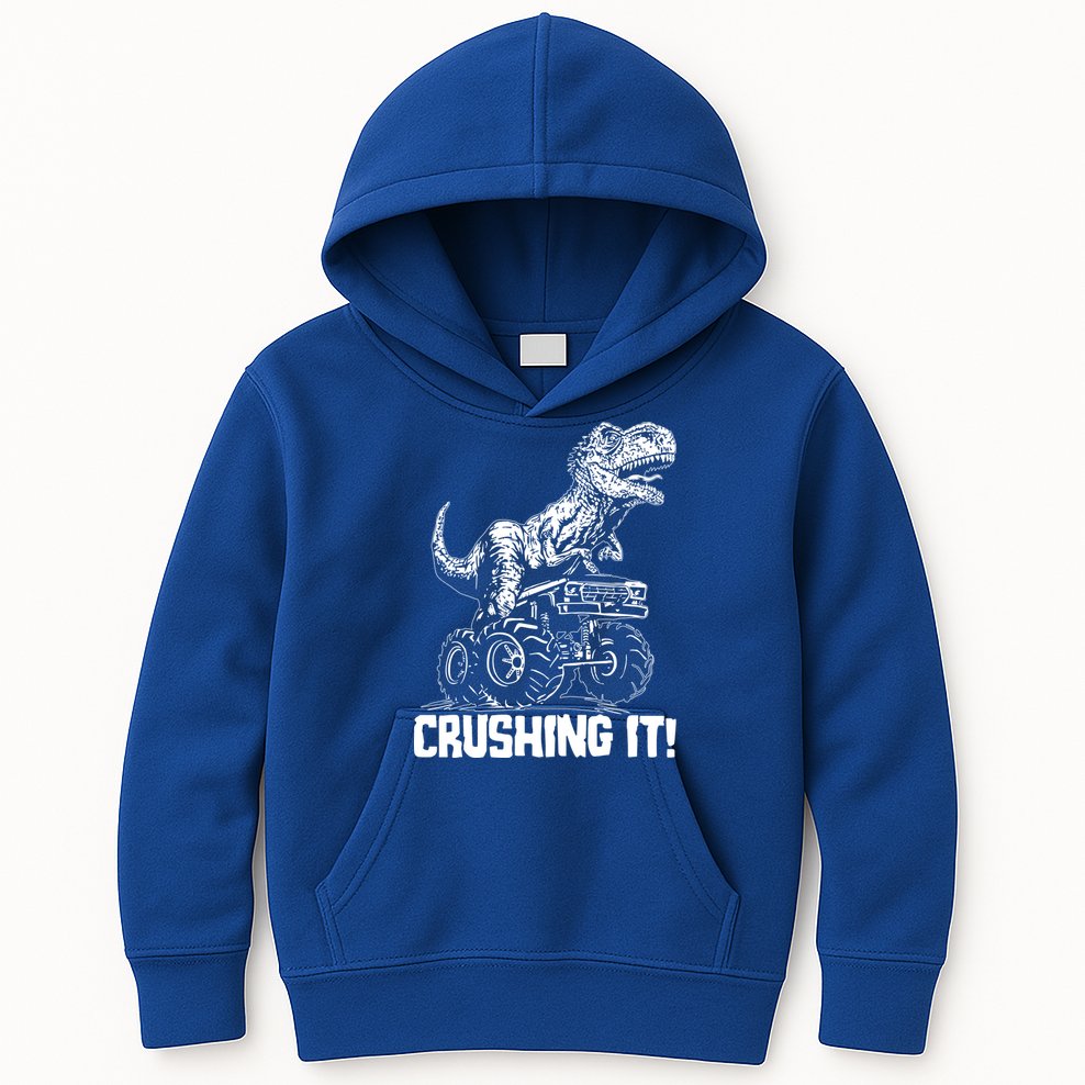 Funny Crushing It T Rex Dinosaur In Monster Truck Kids Hoodie