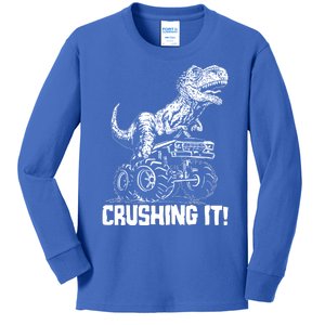 Funny Crushing It T Rex Dinosaur In Monster Truck Kids Long Sleeve Shirt