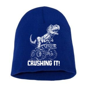 Funny Crushing It T Rex Dinosaur In Monster Truck Short Acrylic Beanie