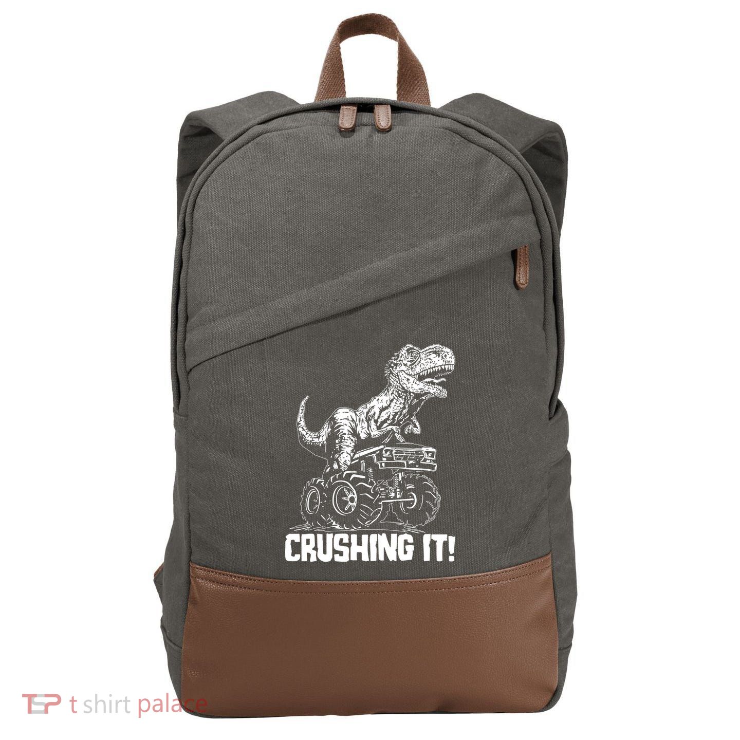 Funny Crushing It T Rex Dinosaur In Monster Truck Cotton Canvas Backpack