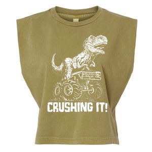 Funny Crushing It T Rex Dinosaur In Monster Truck Garment-Dyed Women's Muscle Tee