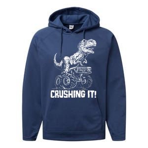 Funny Crushing It T Rex Dinosaur In Monster Truck Performance Fleece Hoodie