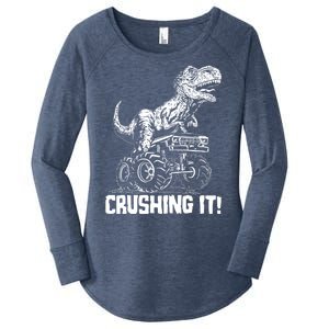 Funny Crushing It T Rex Dinosaur In Monster Truck Women's Perfect Tri Tunic Long Sleeve Shirt