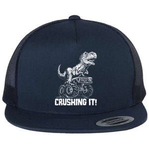 Funny Crushing It T Rex Dinosaur In Monster Truck Flat Bill Trucker Hat