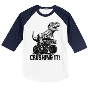 Funny Crushing It T Rex Dinosaur In Monster Truck Baseball Sleeve Shirt