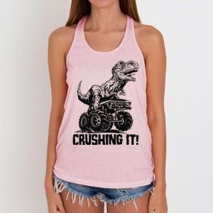 Funny Crushing It T Rex Dinosaur In Monster Truck Women's Knotted Racerback Tank